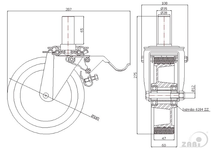 Koła aluminiowo-poliuretanowe, Do małych obciążeń, W obudowach z trzpieniem i hamulcem o symbolu A56PH*28
