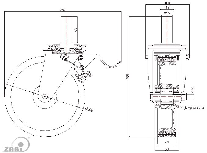 Koła aluminiowo-poliuretanowe, Do małych obciążeń, W obudowach z trzpieniem i hamulcem o symbolu A66PH*25