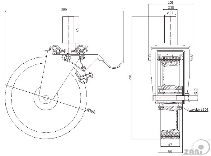 Koła aluminiowo-poliuretanowe, Do małych obciążeń, W obudowach z trzpieniem i hamulcem o symbolu A66PH*27