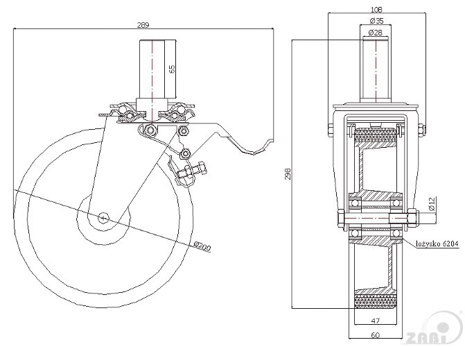 Koła aluminiowo-poliuretanowe, Do małych obciążeń, W obudowach z trzpieniem i hamulcem o symbolu A66PH*28
