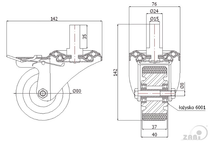 Колёса промышленные (алюминий + полиуретан), Колёса промышленные (алюминий + полиуретан), С опорами со штекером и тормозом с обозначением A7PH*15