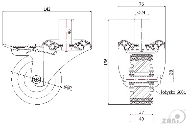 Колёса промышленные (алюминий + полиуретан), Колёса промышленные (алюминий + полиуретан), С опорами со штекером и тормозом с обозначением A7PH*24