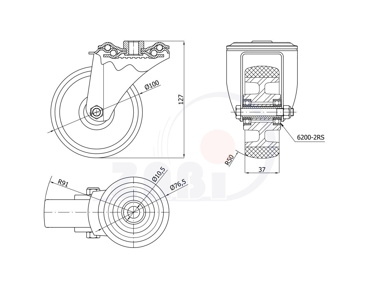 Колёса промышленные (алюминий + полиуретан), Колёса промышленные (алюминий + полиуретан), С опорами с отверстием с обозначением A17P