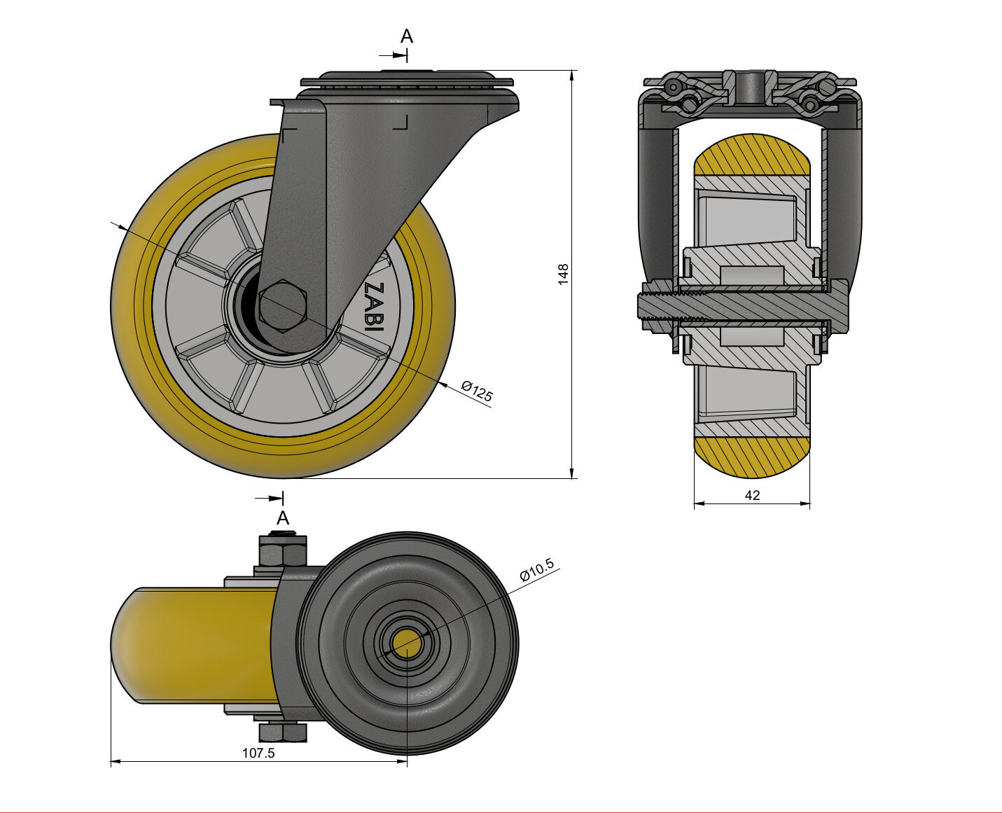 Колёса промышленные (алюминий + полиуретан), Колёса промышленные (алюминий + полиуретан), С опорами с отверстием с обозначением A27MPR/10