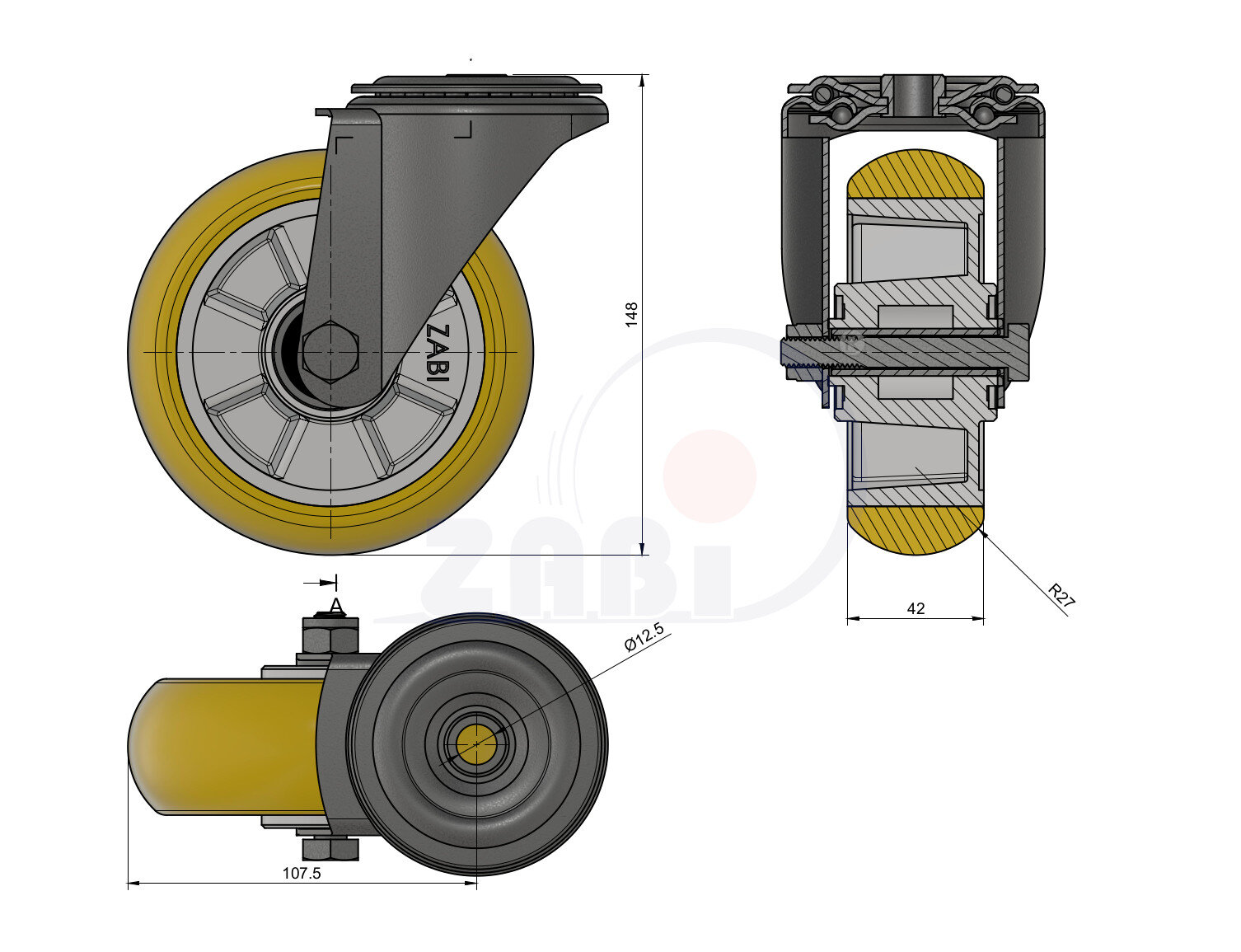 Колёса промышленные (алюминий + полиуретан), Колёса промышленные (алюминий + полиуретан), С опорами с отверстием с обозначением A27MPR