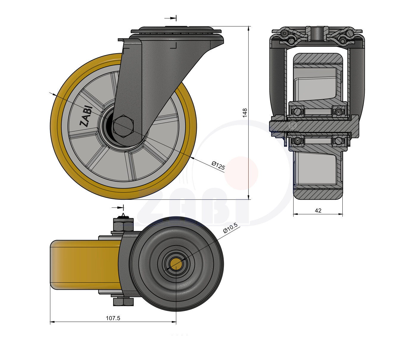 Колёса промышленные (алюминий + полиуретан), Колёса промышленные (алюминий + полиуретан), С опорами с отверстием с обозначением A27MP/10