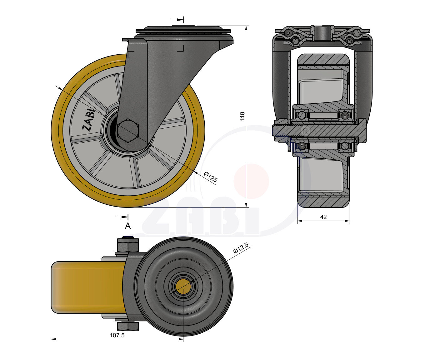 Колёса промышленные (алюминий + полиуретан), Колёса промышленные (алюминий + полиуретан), С опорами с отверстием с обозначением A27MP