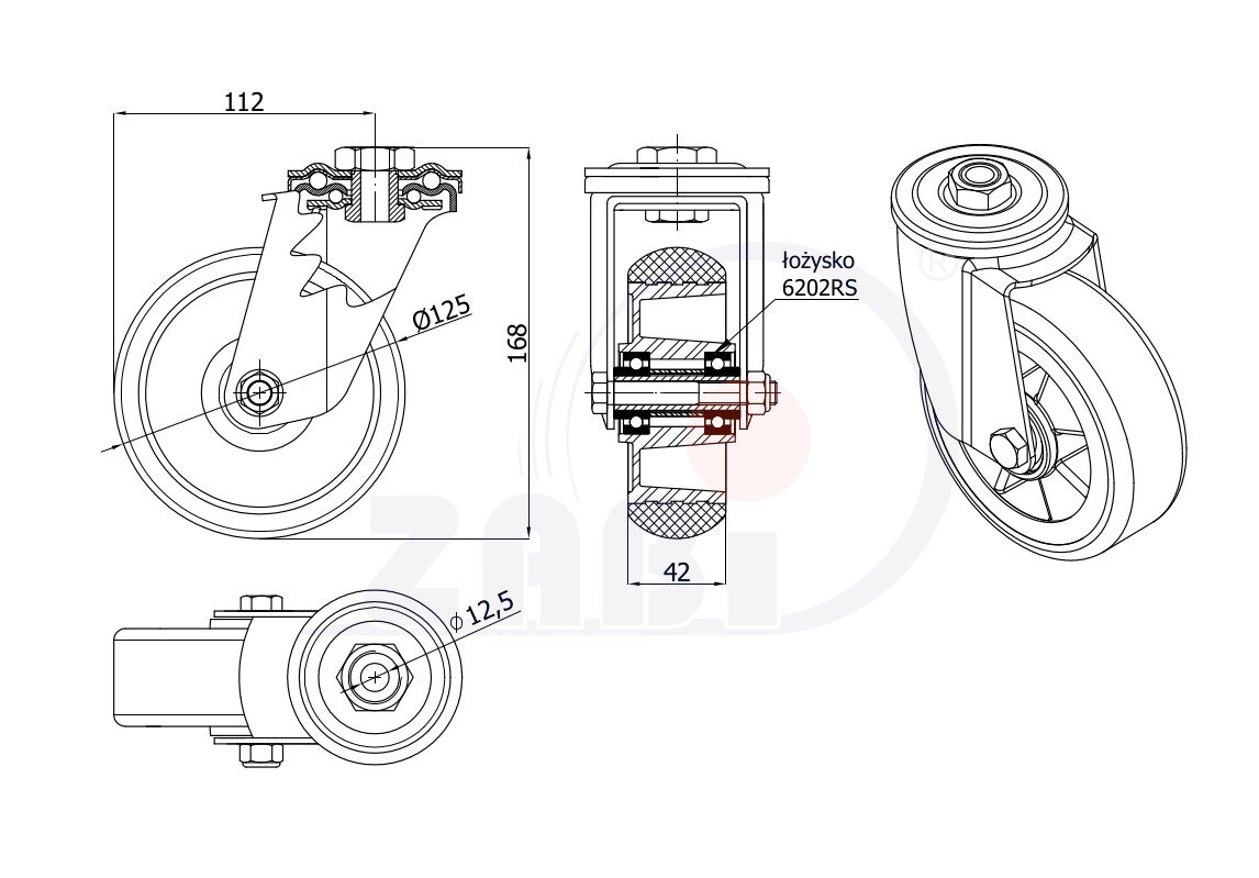 Колёса промышленные (алюминий + полиуретан), Колёса промышленные (алюминий + полиуретан), С опорами с отверстием с обозначением A27PRW