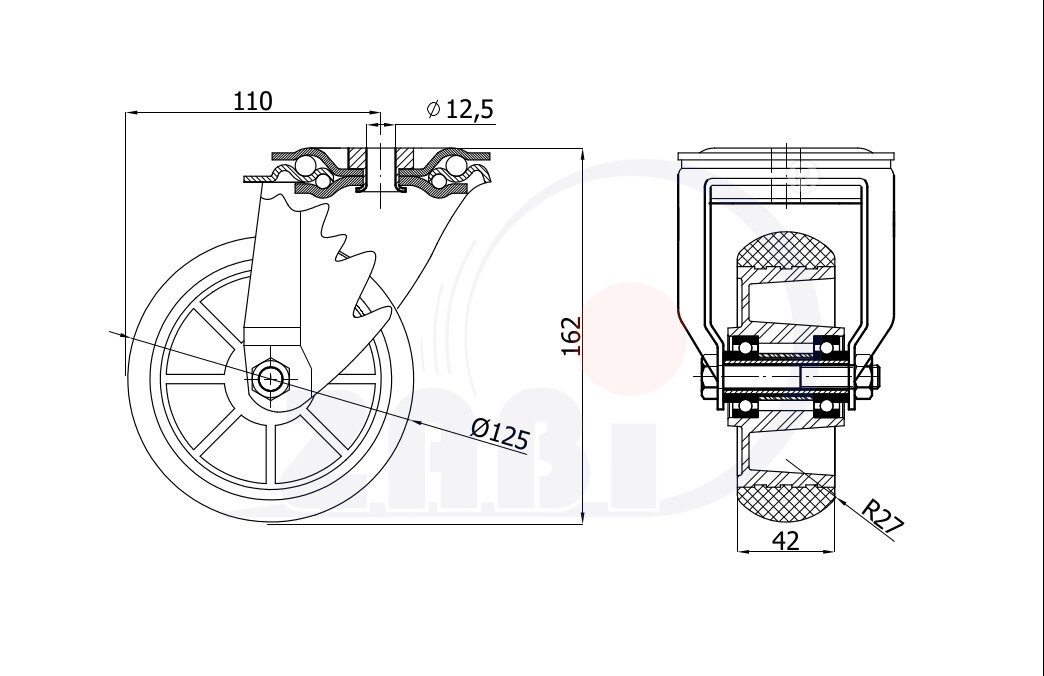 Колёса промышленные (алюминий + полиуретан), Колёса промышленные (алюминий + полиуретан), С опорами с отверстием с обозначением A27PR