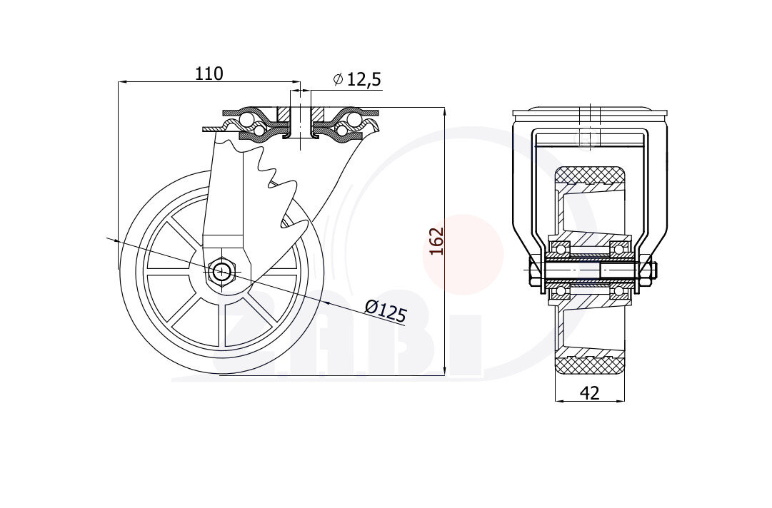 Колёса промышленные (алюминий + полиуретан), Колёса промышленные (алюминий + полиуретан), С опорами с отверстием с обозначением A27P