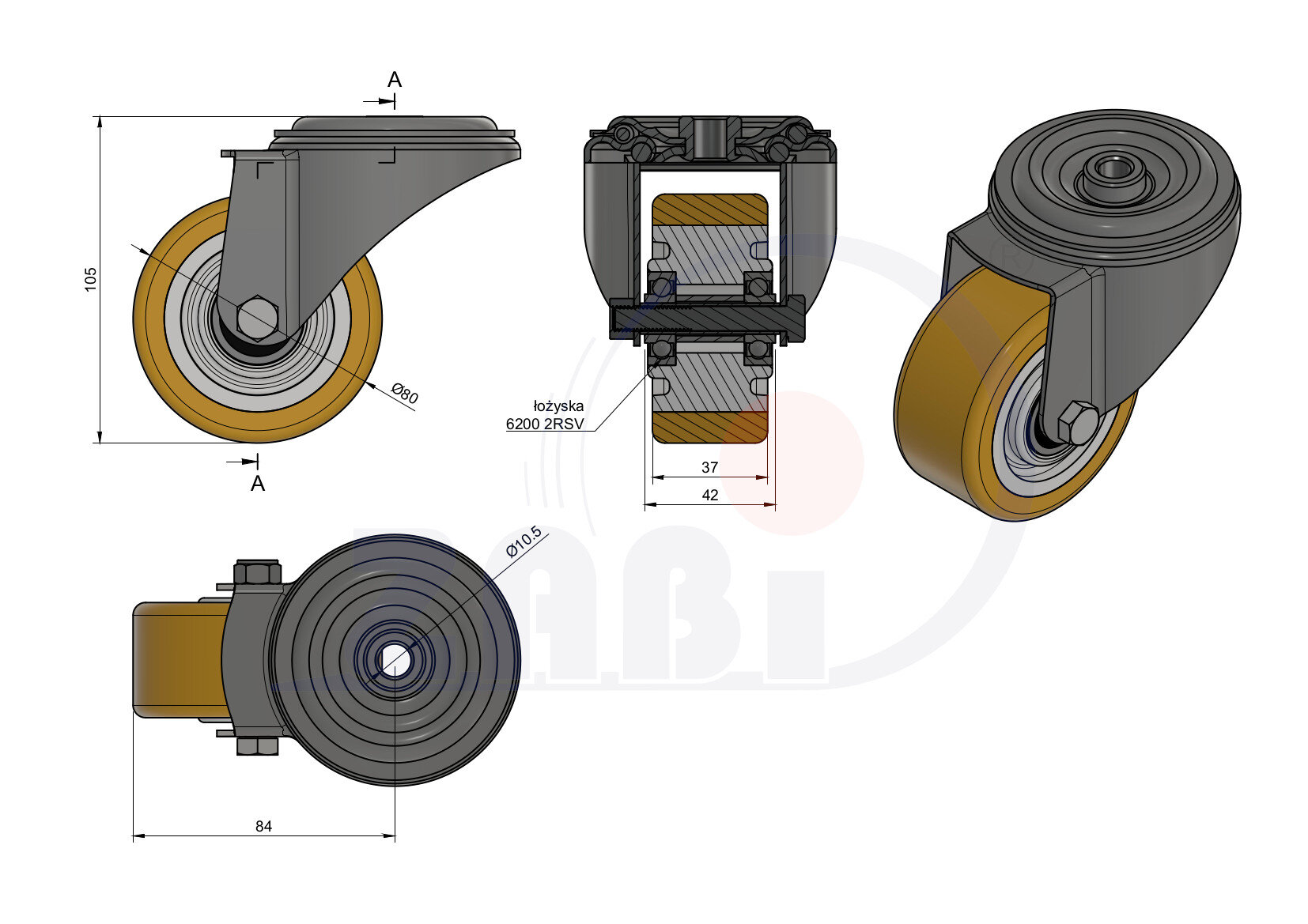 Aluminium-and-polyurethane wheels, Aluminium-and-polyurethane wheels, with symbol A8P/10