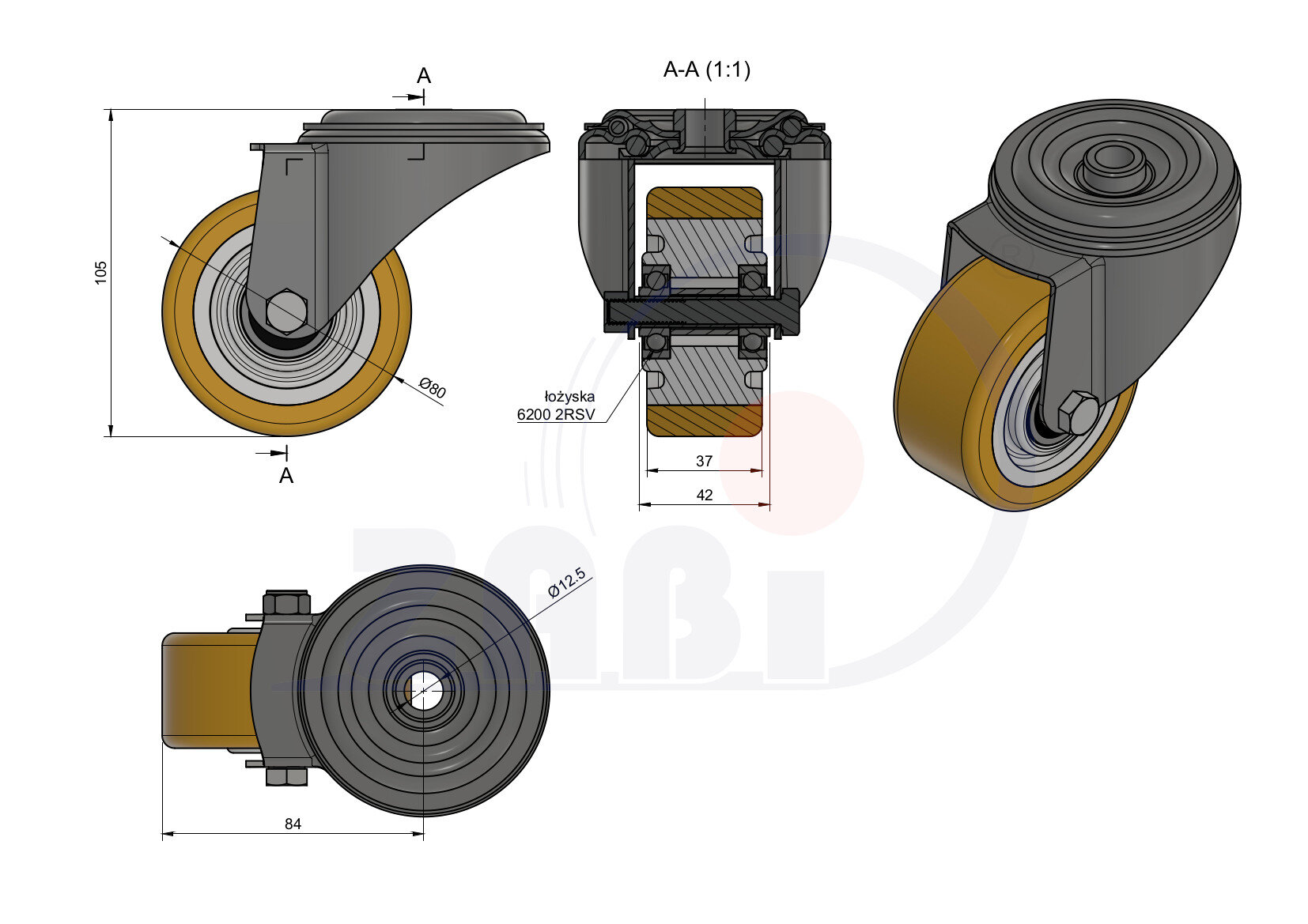 Колёса промышленные (алюминий + полиуретан), Колёса промышленные (алюминий + полиуретан), С опорами с отверстием с обозначением A8P