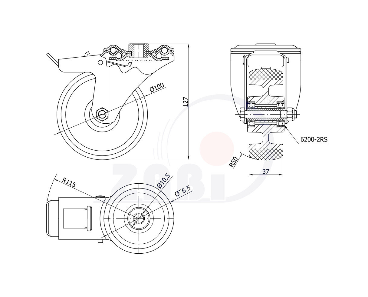 Колёса промышленные (алюминий + полиуретан), Колёса промышленные (алюминий + полиуретан), В корпусах с отверстием и тормозом с обозначением A17PH