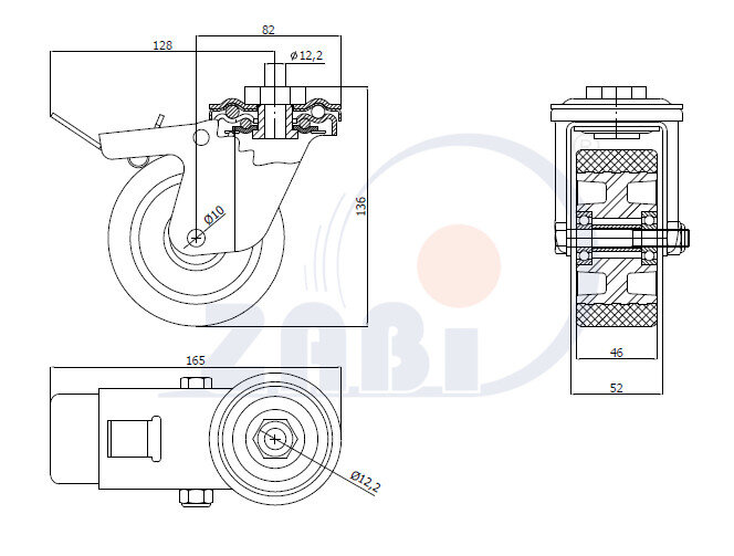 Колёса промышленные (алюминий + полиуретан), Колёса промышленные (алюминий + полиуретан), В корпусах с отверстием и тормозом с обозначением A17PWH