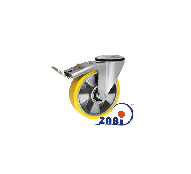 Koła aluminiowo-poliuretanowe, Do małych obciążeń, W obudowach z otworem i hamulcem o symbolu A47PH