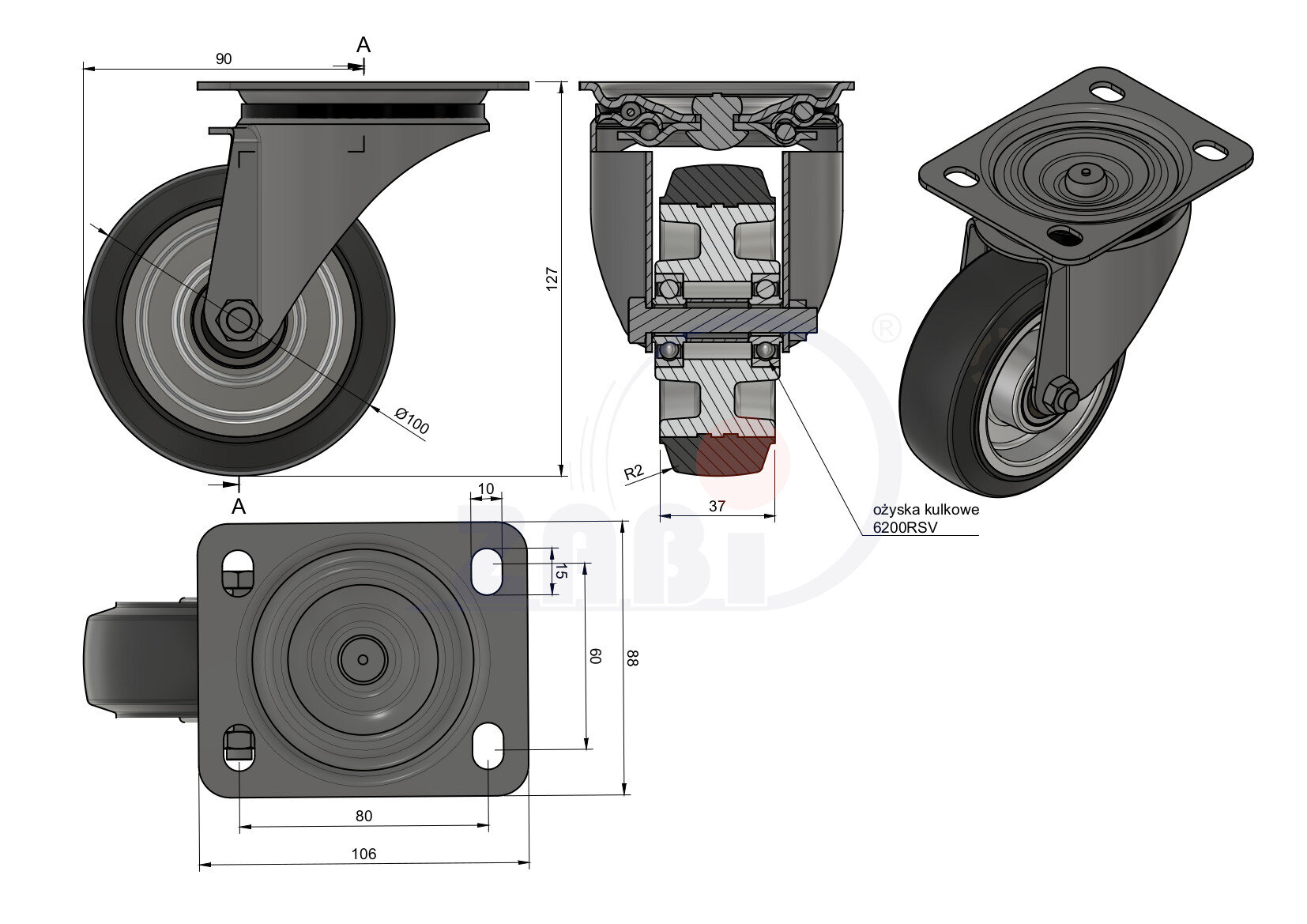 Колёса промышленные (алюминий +резина), Колёса промышленные (алюминий +резина), С поворотными опорами с обозначением A12GW