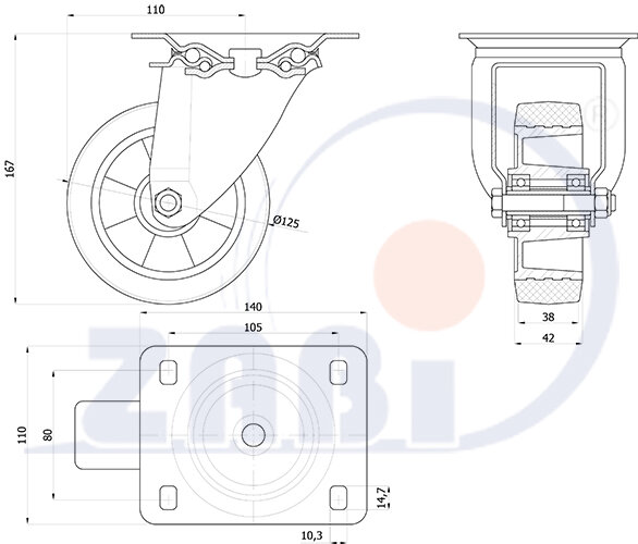 Колёса промышленные (алюминий +резина), Колёса промышленные (алюминий +резина), С поворотными опорами с обозначением A22G