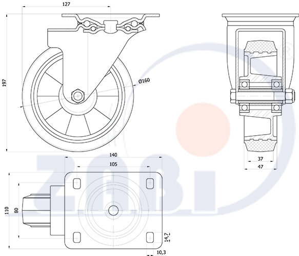 Колёса промышленные (алюминий +резина), Колёса промышленные (алюминий +резина), С поворотными опорами с обозначением A42GSW