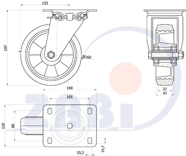 Колёса промышленные (алюминий +резина), Колёса промышленные (алюминий +резина), С поворотными опорами с обозначением A42G