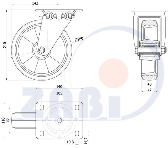 Колёса промышленные (алюминий +резина), Колёса промышленные (алюминий +резина), С поворотными опорами с обозначением A52G