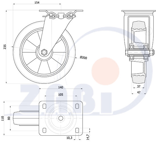 Колёса промышленные (алюминий +резина), Колёса промышленные (алюминий +резина), С поворотными опорами с обозначением A62GS