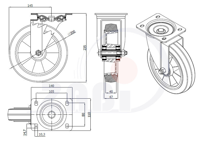 Колёса промышленные (алюминий +резина), Колёса промышленные (алюминий +резина), С поворотными опорами с обозначением A62GSW