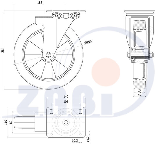 Колёса промышленные (алюминий +резина), Колёса промышленные (алюминий +резина), С поворотными опорами с обозначением A92GSW