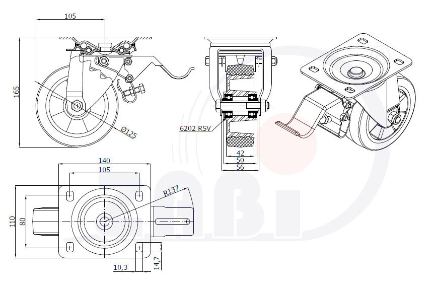 Колёса промышленные (алюминий +резина), Колёса промышленные (алюминий +резина), С поворотными опорами с тормозом с обозначением A25GH