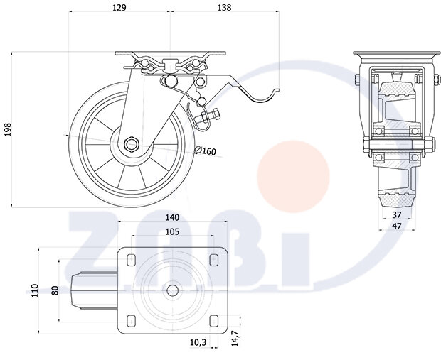 Колёса промышленные (алюминий +резина), Колёса промышленные (алюминий +резина), С поворотными опорами с тормозом с обозначением A45GH
