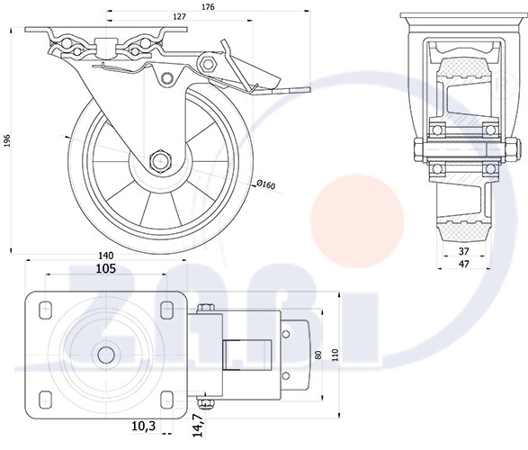 Колёса промышленные (алюминий +резина), Колёса промышленные (алюминий +резина), С поворотными опорами с тормозом с обозначением A45GWH