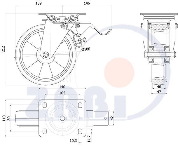 Колёса промышленные (алюминий +резина), Колёса промышленные (алюминий +резина), С поворотными опорами с тормозом с обозначением A55GH