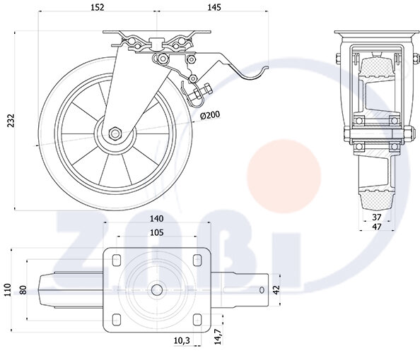 Колёса промышленные (алюминий +резина), Колёса промышленные (алюминий +резина), С поворотными опорами с тормозом с обозначением A65GH