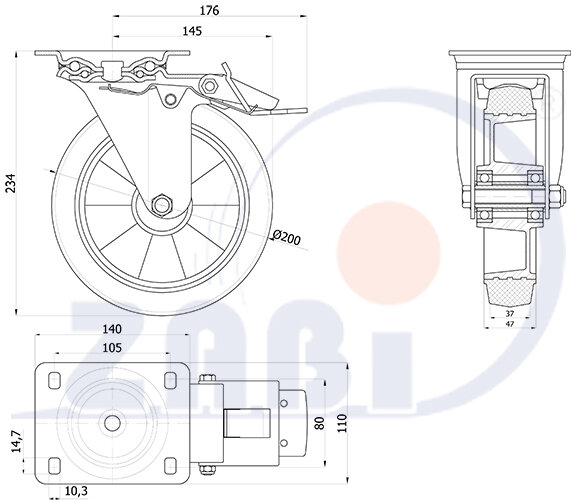 Колёса промышленные (алюминий +резина), Колёса промышленные (алюминий +резина), С поворотными опорами с тормозом с обозначением A65GWH