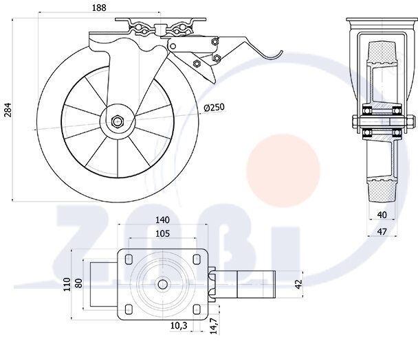 Колёса промышленные (алюминий +резина), Колёса промышленные (алюминий +резина), С поворотными опорами с тормозом с обозначением A95GWH