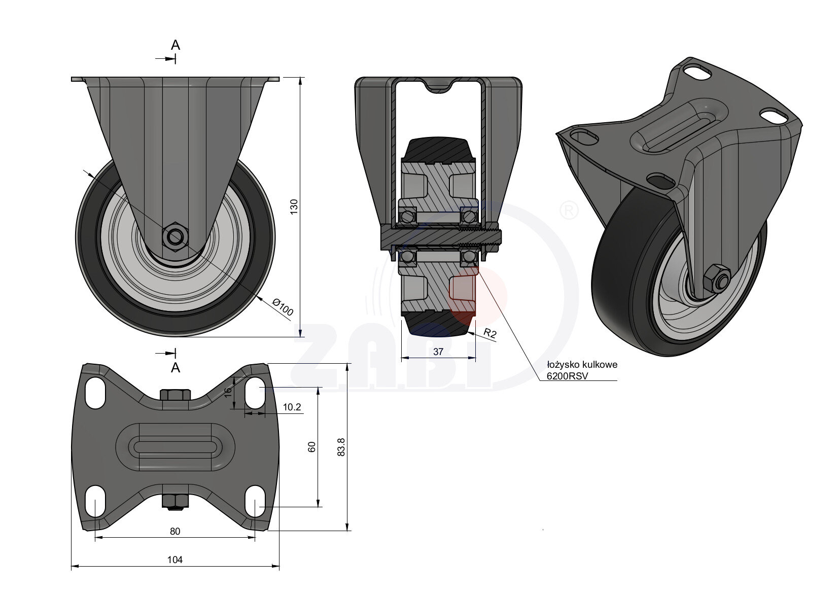 Колёса промышленные (алюминий +резина), Колёса промышленные (алюминий +резина), С неповоротными опорами с обозначением A13G
