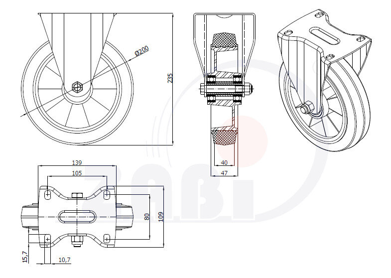 Колёса промышленные (алюминий +резина), Колёса промышленные (алюминий +резина), С неповоротными опорами с обозначением A63GS