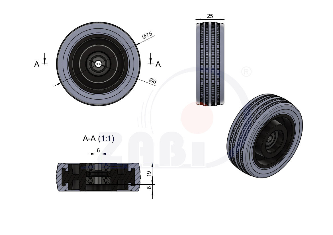 Колёса аппаратные (мебельные), Колёса аппаратные (мебельные), Отдельные колёса с обозначением M75TPUŁ/6