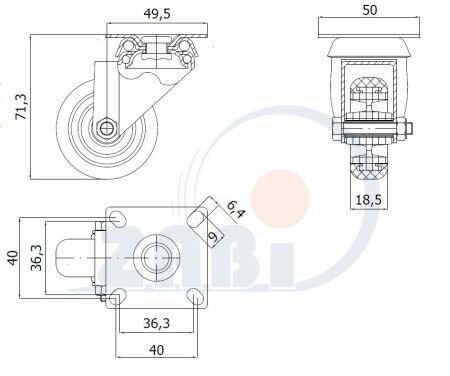 Колёса аппаратные (мебельные), Колёса аппаратные (мебельные), С поворотными опорами с обозначением M52T
