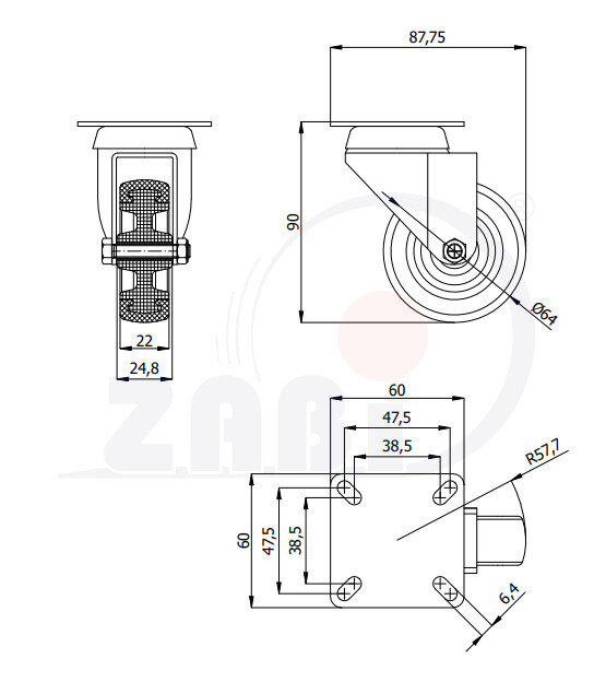 Колёса аппаратные (мебельные), Колёса аппаратные (мебельные), С поворотными опорами с обозначением M62T
