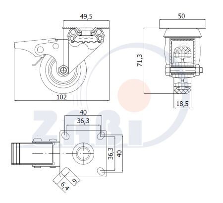 Колёса аппаратные (мебельные), Колёса аппаратные (мебельные), С поворотными опорами с тормозом с обозначением M52TH