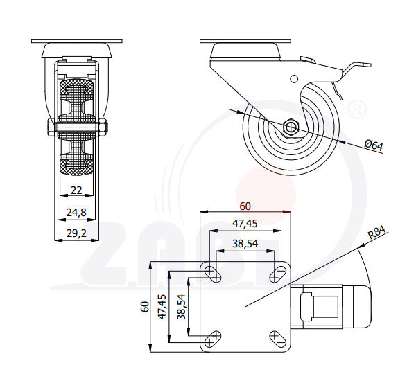Колёса аппаратные (мебельные), Колёса аппаратные (мебельные), С поворотными опорами с тормозом с обозначением M62TH