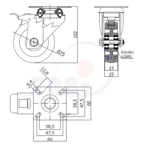 Колёса аппаратные (мебельные), Колёса аппаратные (мебельные), С поворотными опорами с тормозом с обозначением M72TŁH