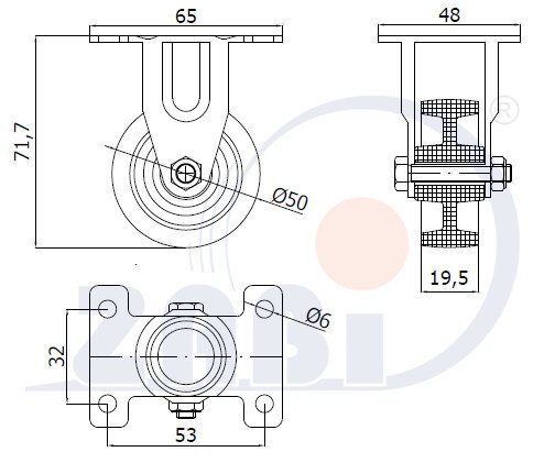 Колёса аппаратные (мебельные), Колёса аппаратные (мебельные), С неповоротными опорами с обозначением M53B
