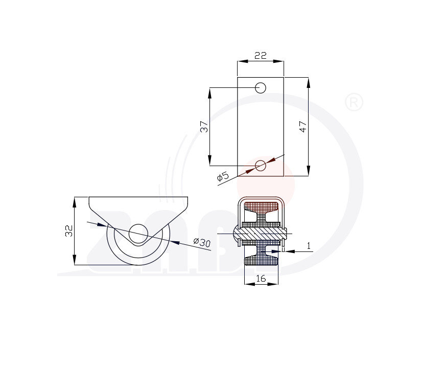 Колёса аппаратные (мебельные), Колёса аппаратные (мебельные), С неповоротными опорами с обозначением S30B