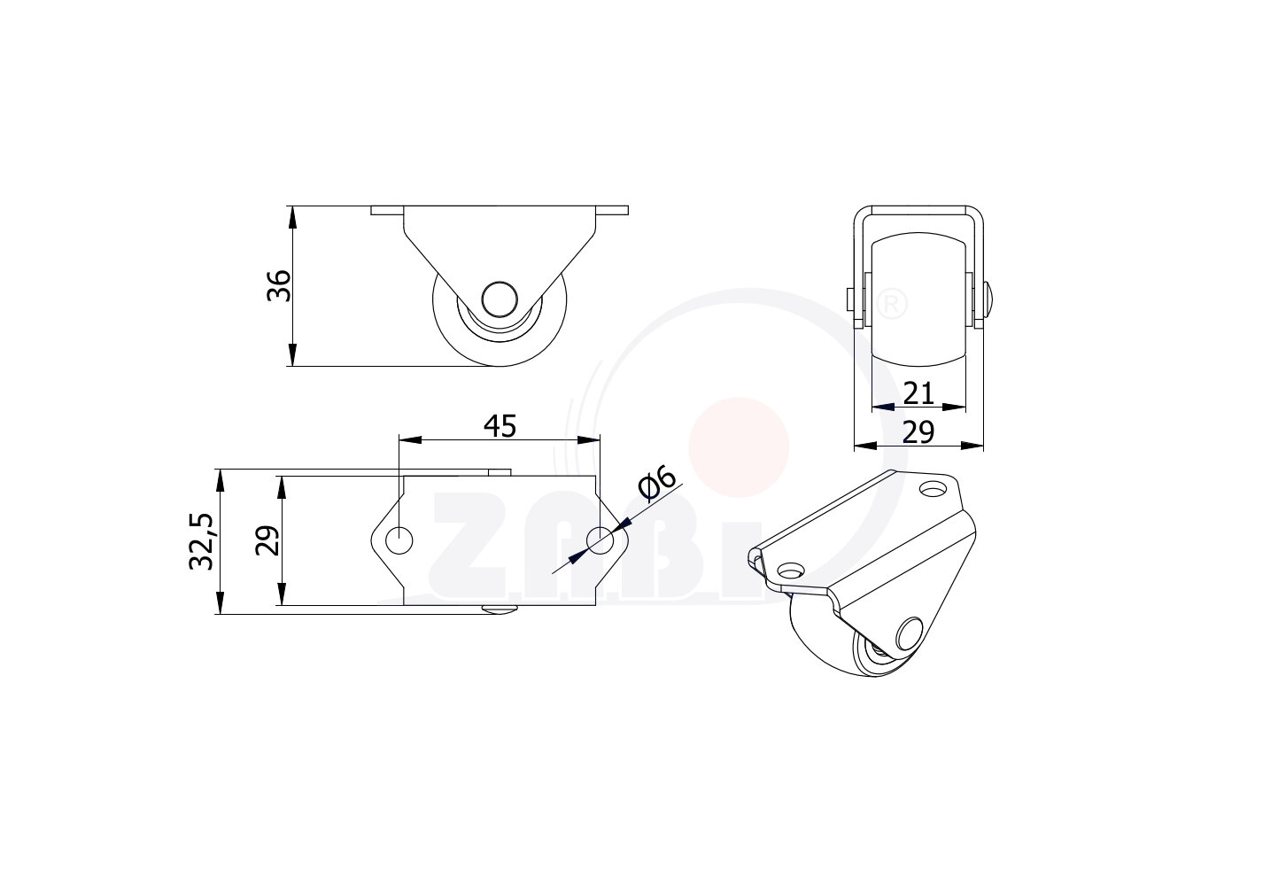 Колёса аппаратные (мебельные), Колёса аппаратные (мебельные), С неповоротными опорами с обозначением S30T
