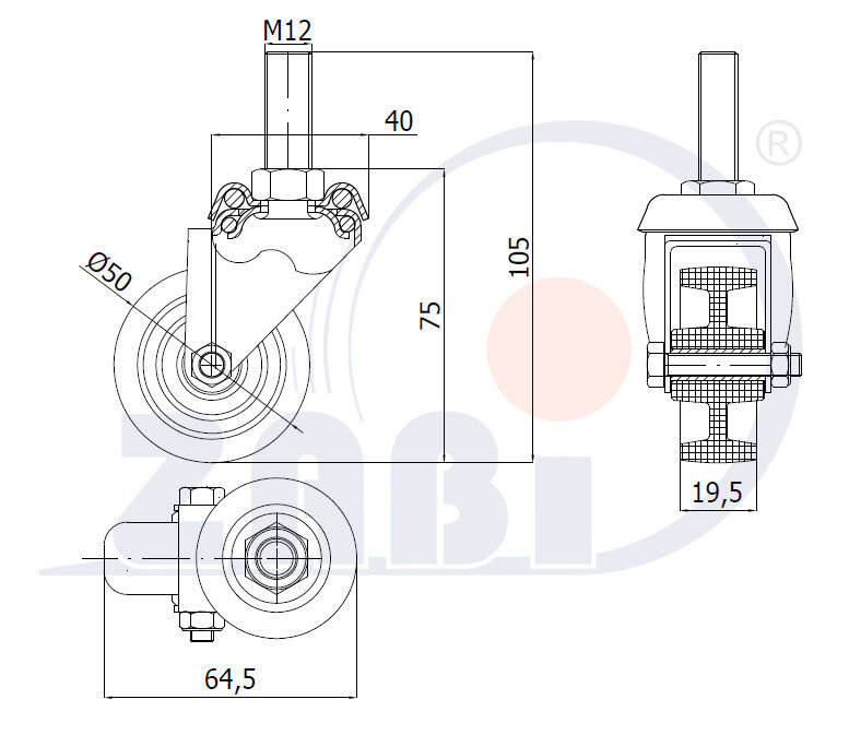 Колёса аппаратные (мебельные), Колёса аппаратные (мебельные), С опорами со штекером с обозначением M54B*M12