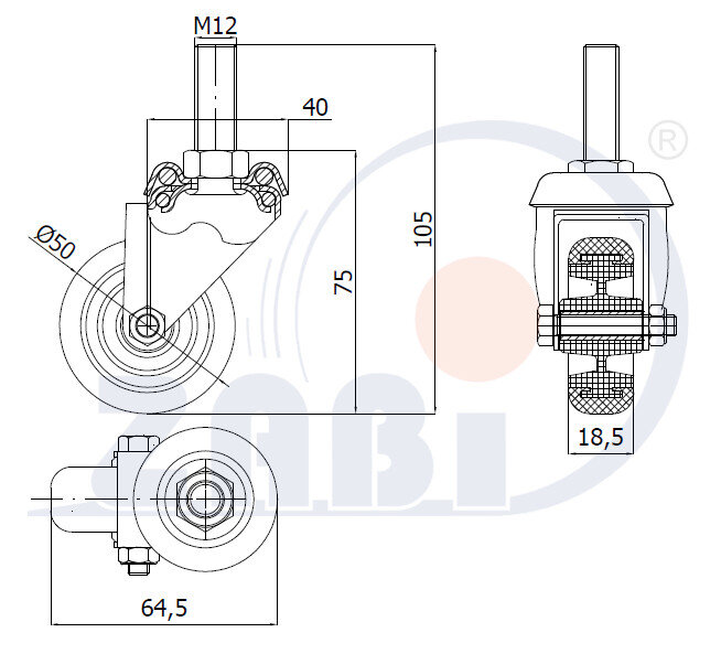Колёса аппаратные (мебельные), Колёса аппаратные (мебельные), С опорами со штекером с обозначением M54T*M12