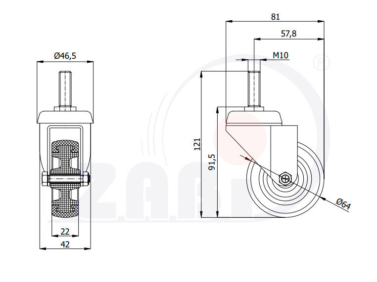Колёса аппаратные (мебельные), Колёса аппаратные (мебельные), С опорами со штекером с обозначением M64T*M10