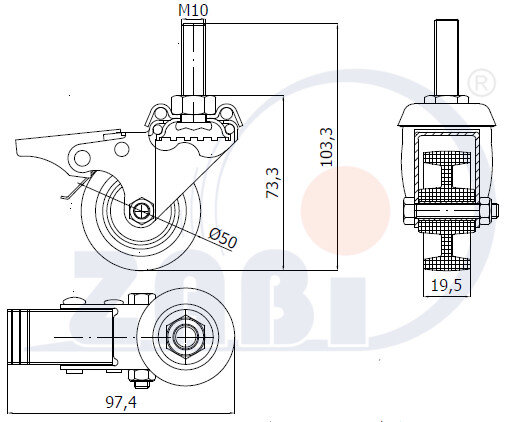 Колёса аппаратные (мебельные), Колёса аппаратные (мебельные), С опорами со штекером и тормозом с обозначением M54BH*M10