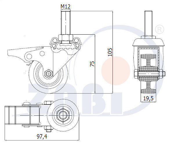 Колёса аппаратные (мебельные), Колёса аппаратные (мебельные), С опорами со штекером и тормозом с обозначением M54BH*M12